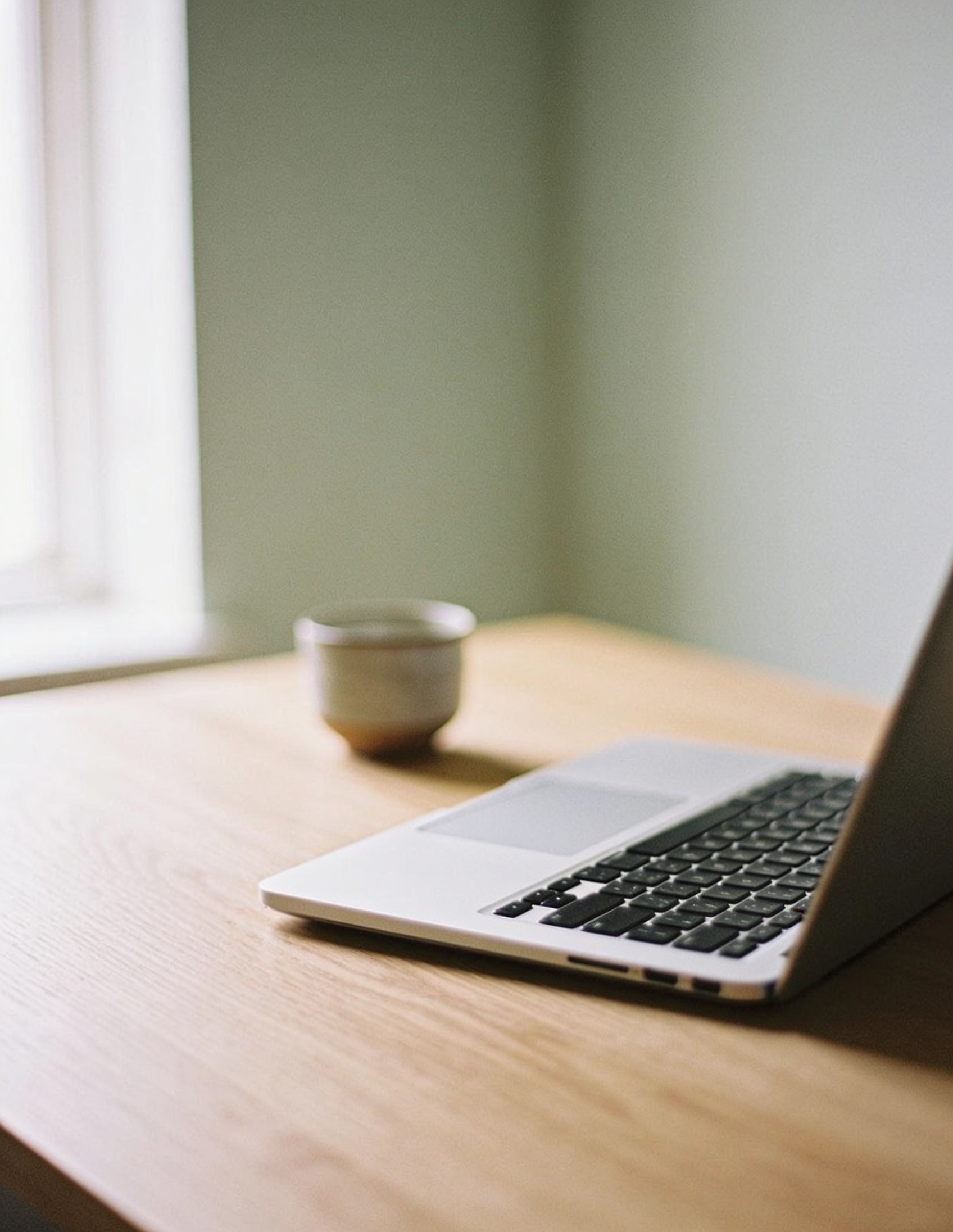 MacBook di atas meja kayu dengan cawan kopi, cahaya pagi yang lembut