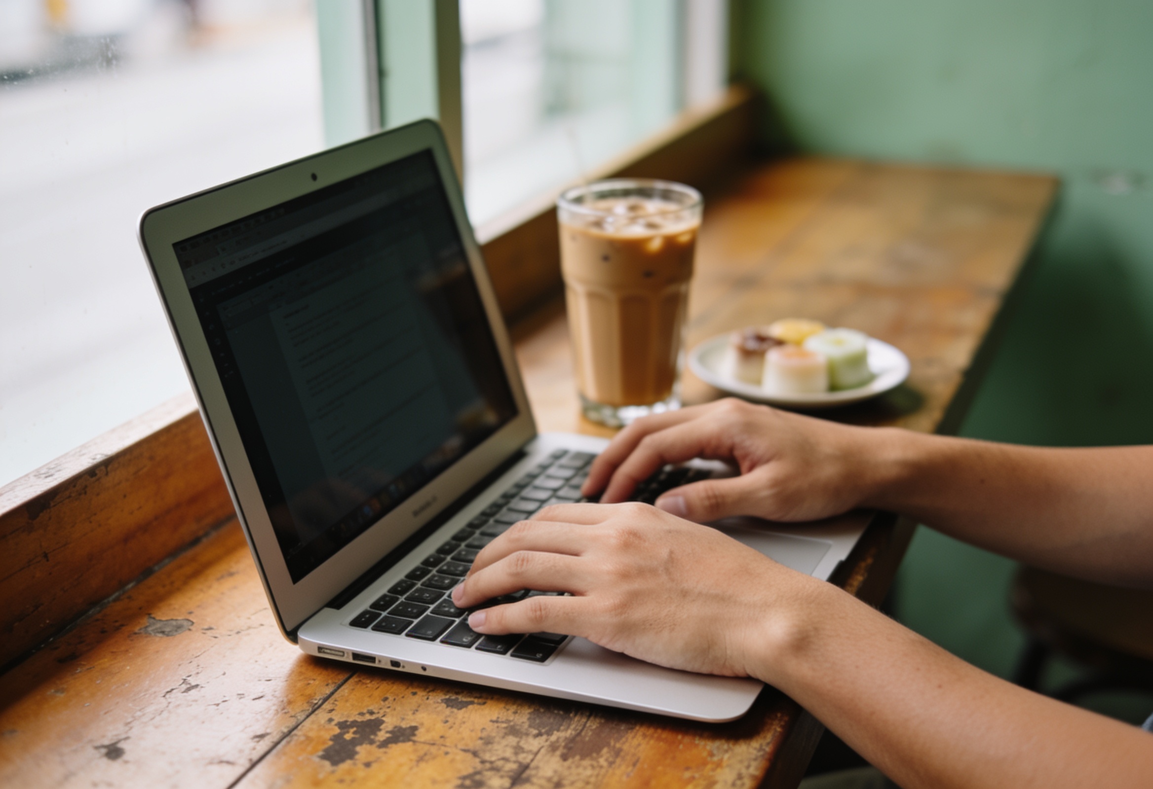 Tangan menaip di MacBook di kaunter kopitiam, kopi ais dan kuih di sebelah